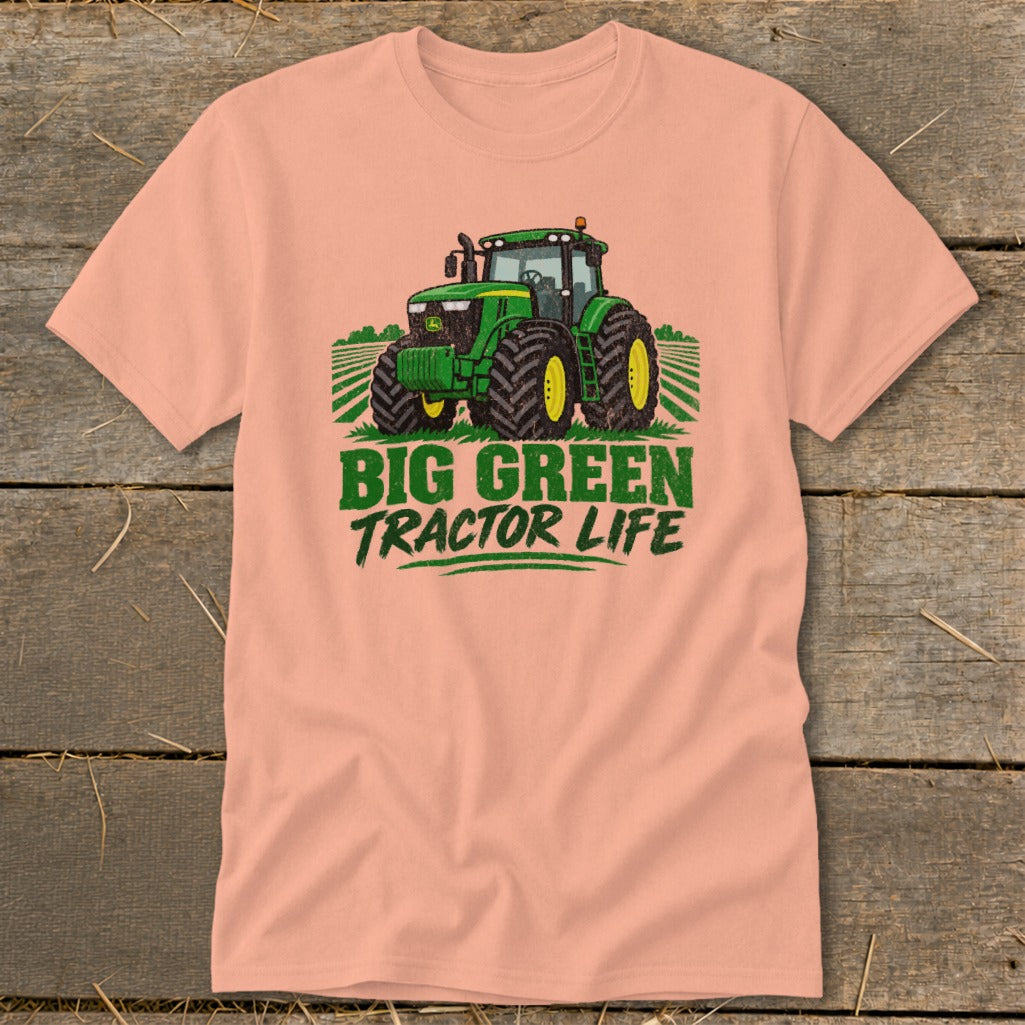 Peach t-shirt with green tractor graphic and text "BIG GREEN TRACTOR LIFE".