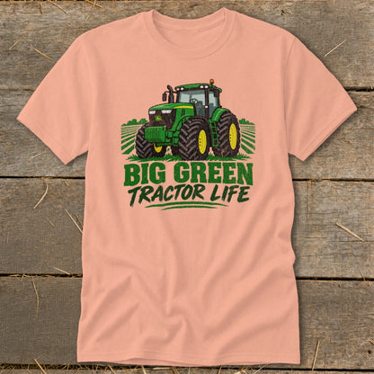 Peach t-shirt with green tractor graphic and text "BIG GREEN TRACTOR LIFE".