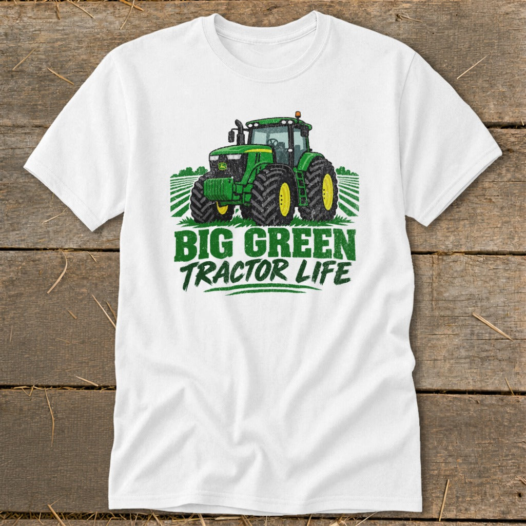 White t-shirt with green tractor graphic and text "BIG GREEN TRACTOR LIFE".