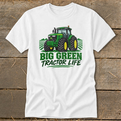 White t-shirt with green tractor graphic and text "BIG GREEN TRACTOR LIFE".