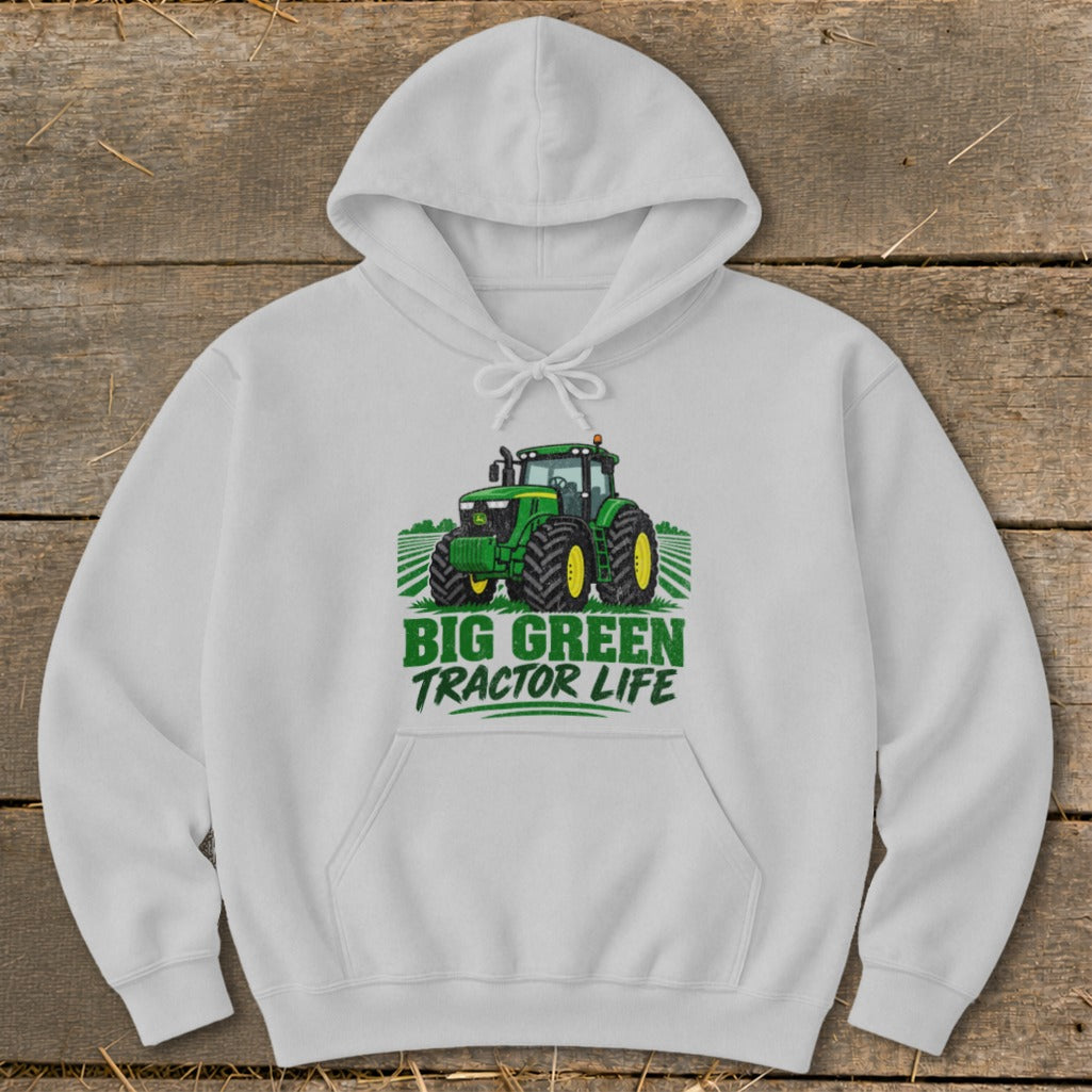 White hoodie with "Big Green Tractor Life" graphic and tractor illustration.