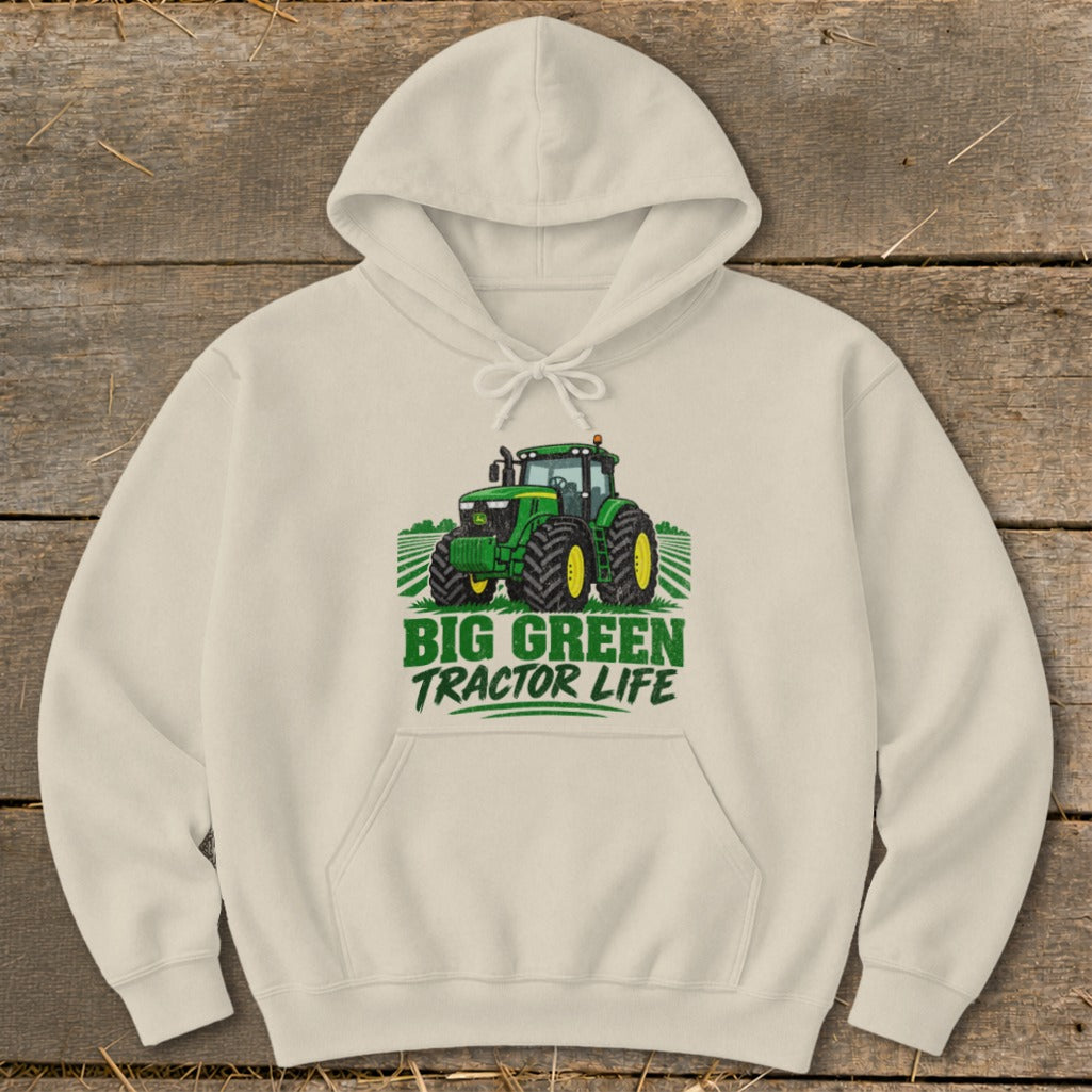 Cream hoodie with a green tractor graphic and "BIG GREEN TRACTOR LIFE" text.