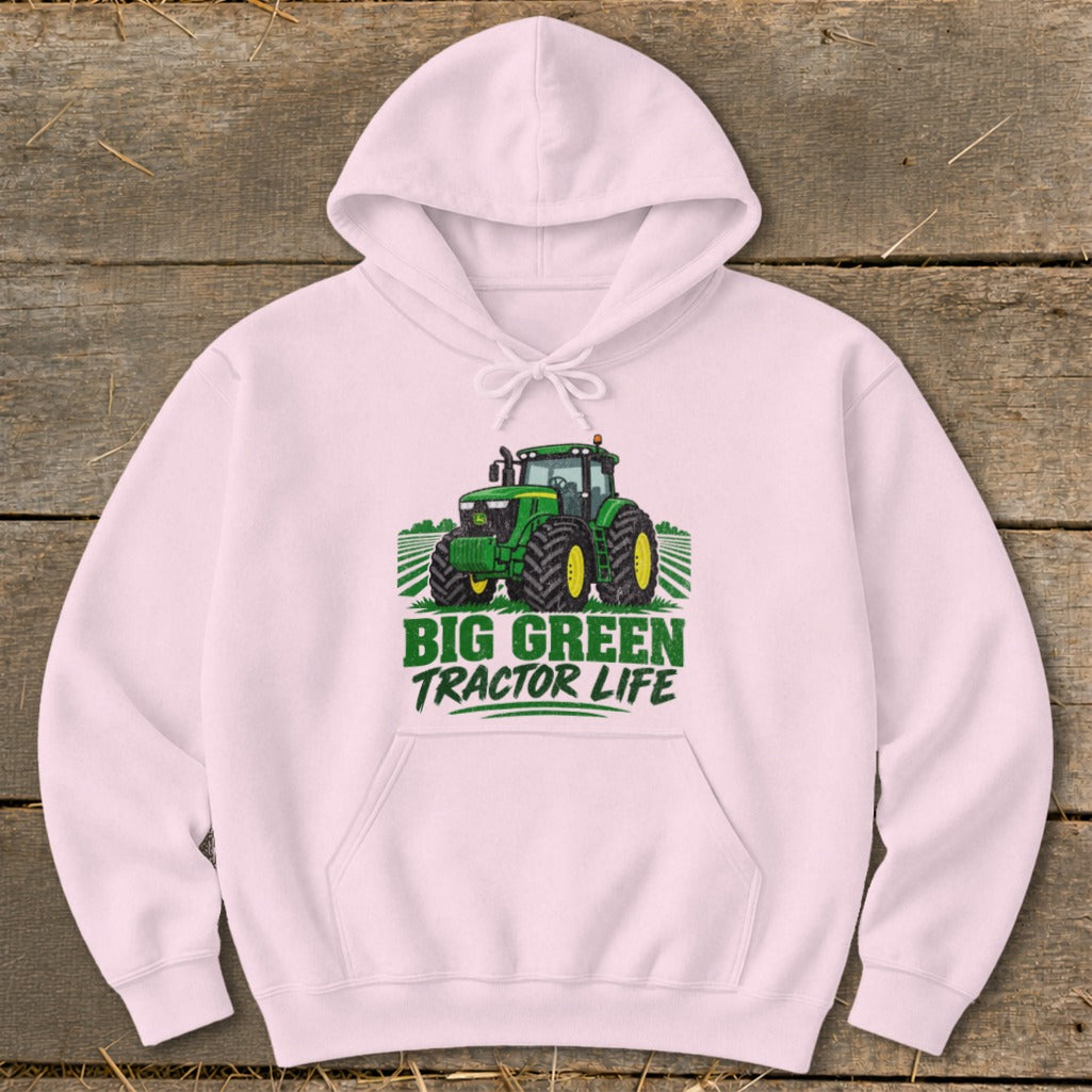 Pink hoodie with "BIG GREEN TRACTOR LIFE" text and green tractor graphic.