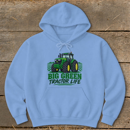 Light blue hoodie with green tractor graphic and text "BIG GREEN TRACTOR LIFE".