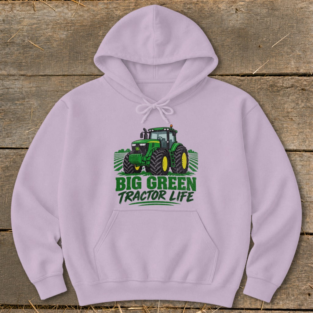 Light purple hoodie with a green tractor graphic and "BIG GREEN TRACTOR LIFE" text.