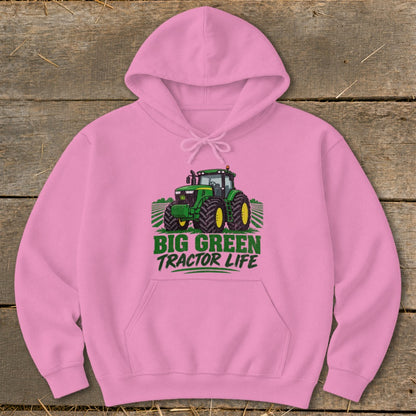 Pink hoodie with a green tractor graphic and "BIG GREEN TRACTOR LIFE" text.