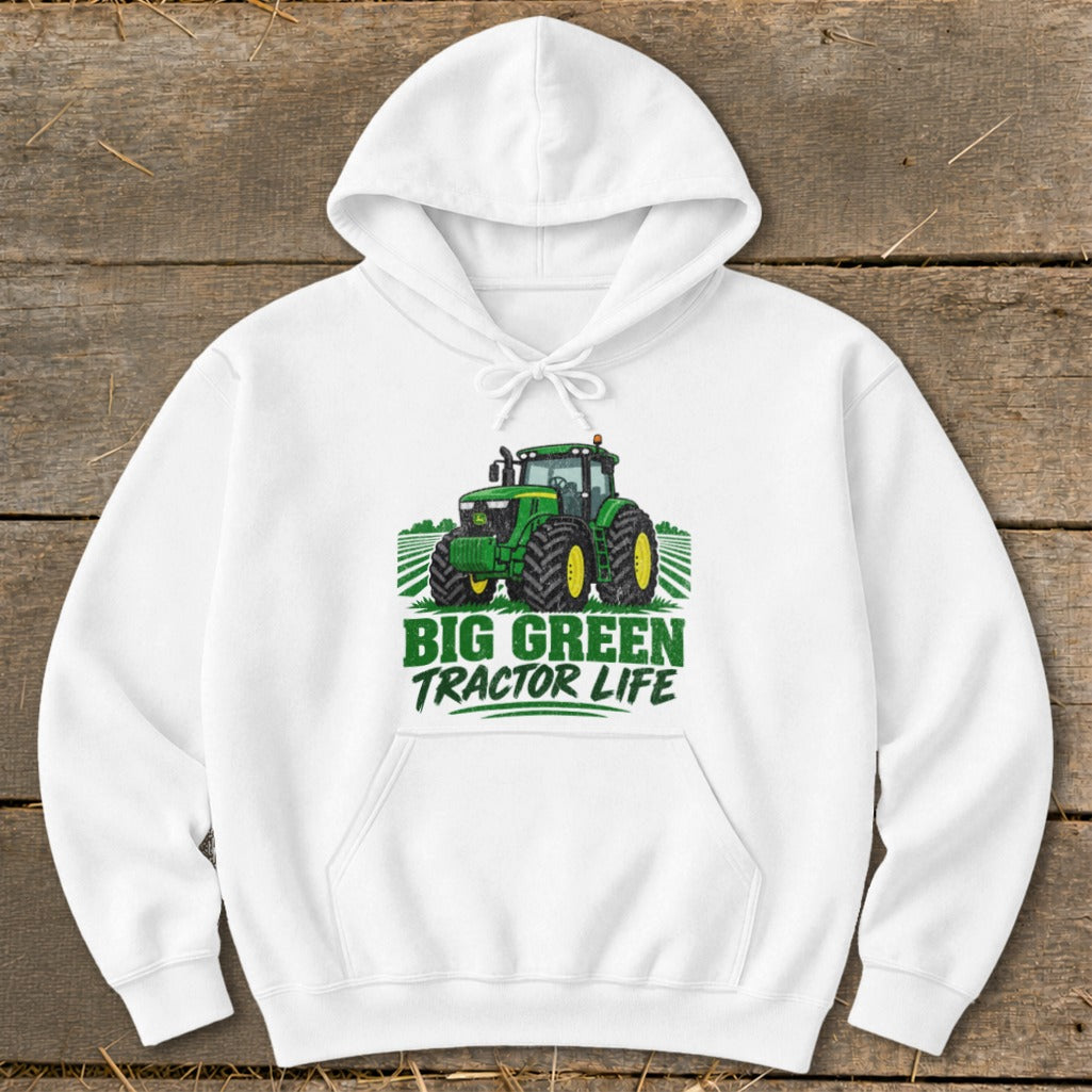 White hoodie with "BIG GREEN TRACTOR LIFE" text and green tractor graphic.