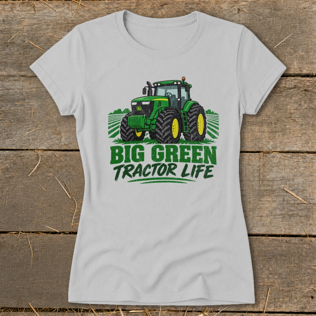 Gray t-shirt with a green tractor graphic and "BIG GREEN TRACTOR LIFE" text.