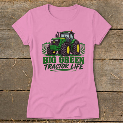 Pink t-shirt with a green tractor graphic and "BIG GREEN TRACTOR LIFE" text.