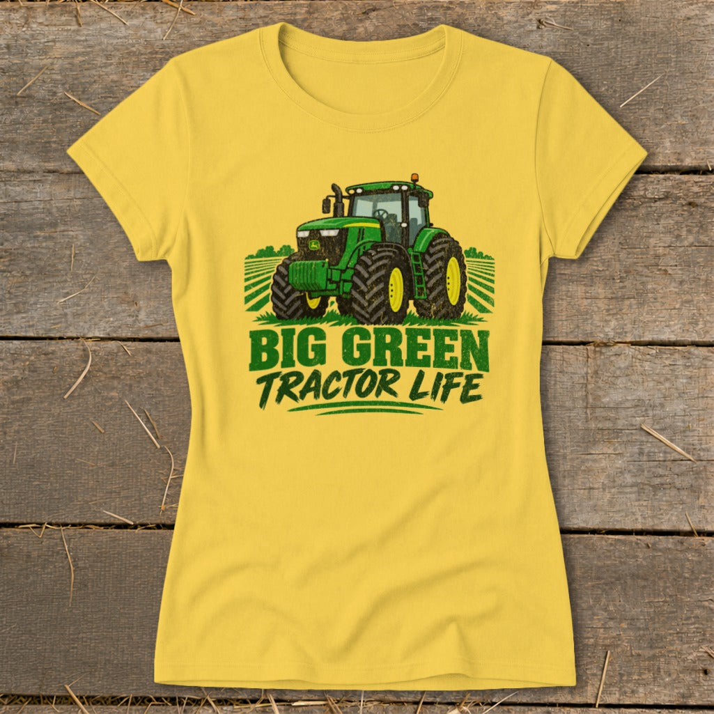 Yellow t-shirt featuring a green tractor and the text "BIG GREEN TRACTOR LIFE".