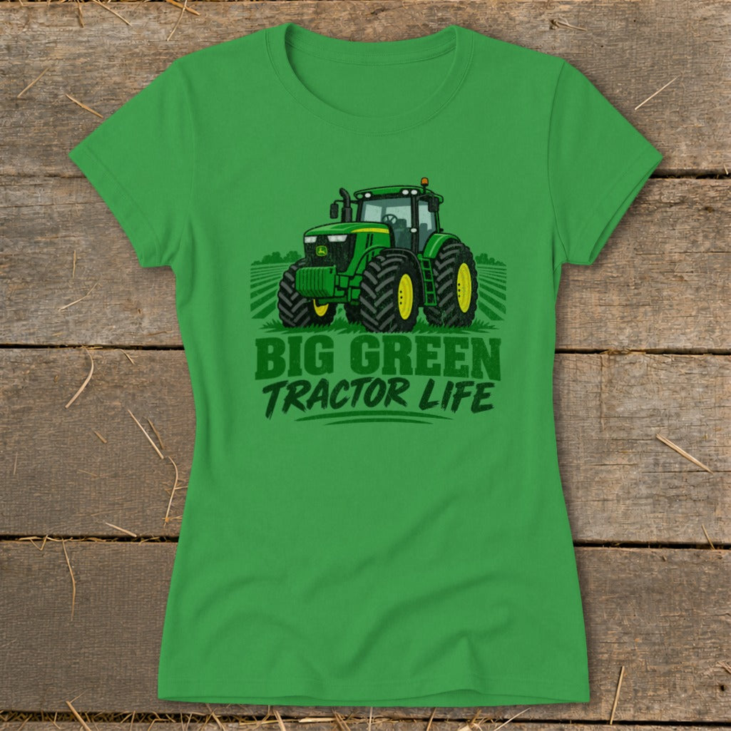 Green t-shirt with a John Deere tractor graphic and "Big Green Tractor Life" text.