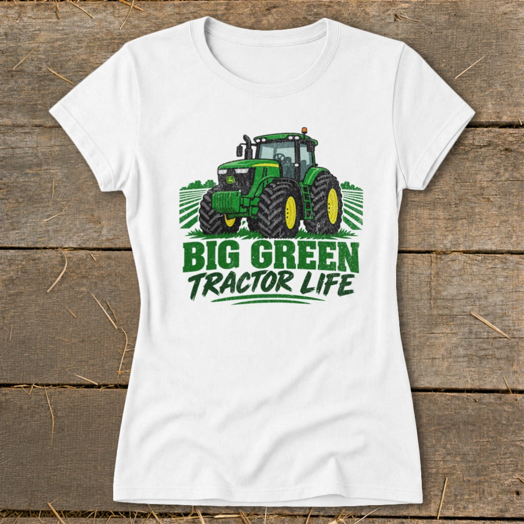 White t-shirt with green tractor graphic and text "BIG GREEN TRACTOR LIFE".