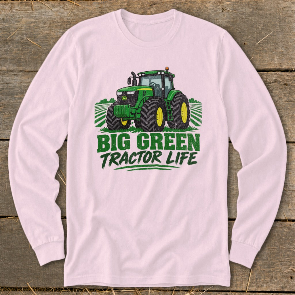 Pink long-sleeve shirt with a green tractor graphic and text "BIG GREEN TRACTOR LIFE".