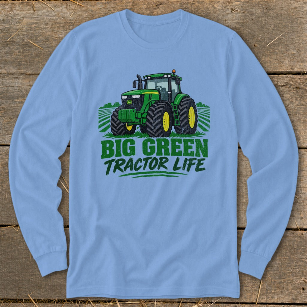 Light blue long-sleeve shirt with green tractor graphic and text "BIG GREEN TRACTOR LIFE".