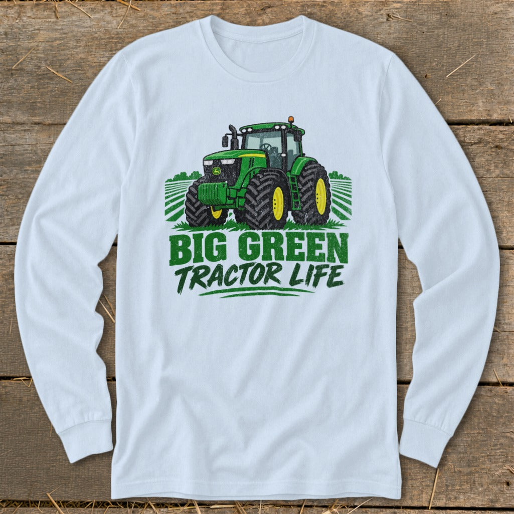 White long-sleeve shirt with a green tractor graphic and "BIG GREEN TRACTOR LIFE" text.