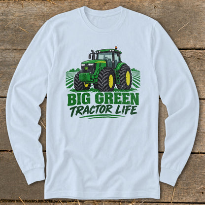 White long-sleeve shirt with a green tractor graphic and "BIG GREEN TRACTOR LIFE" text.