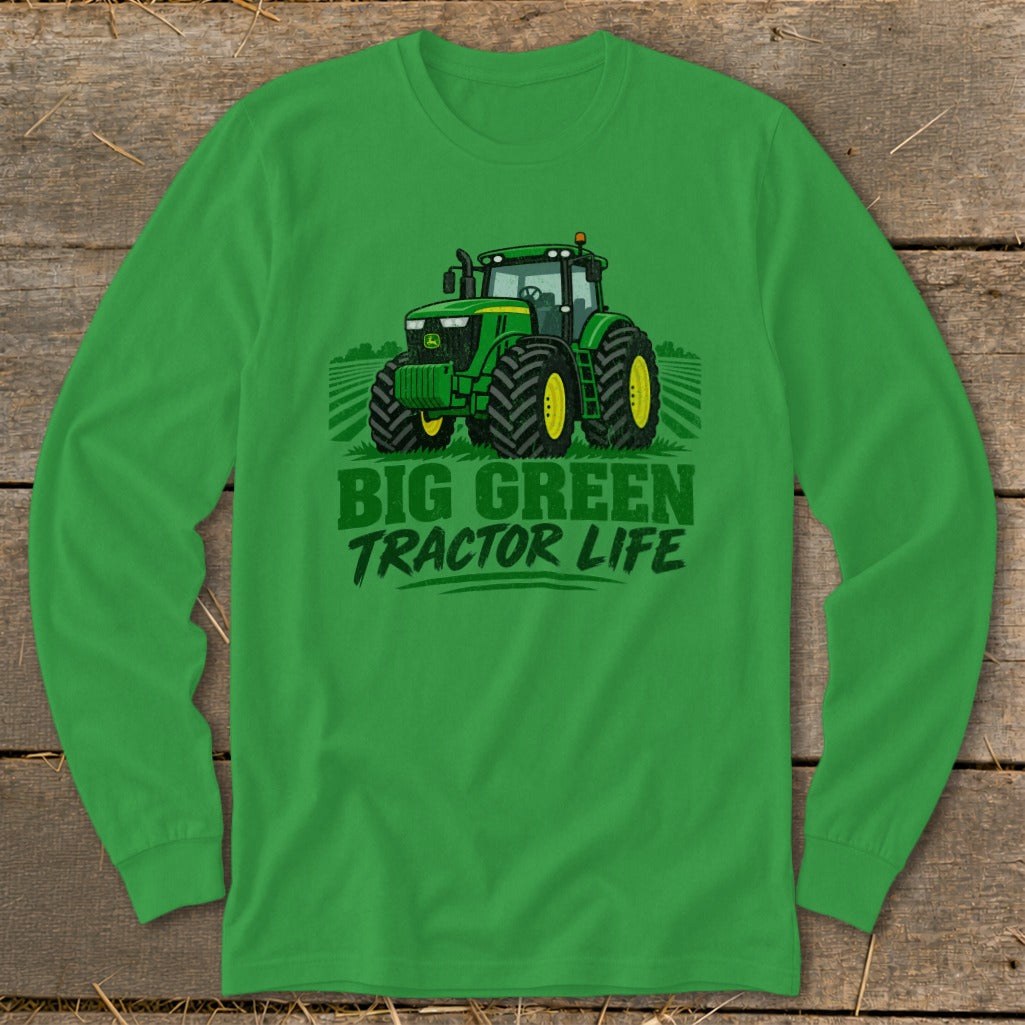 Green long sleeve shirt with a John Deere tractor graphic and "BIG GREEN TRACTOR LIFE" text.