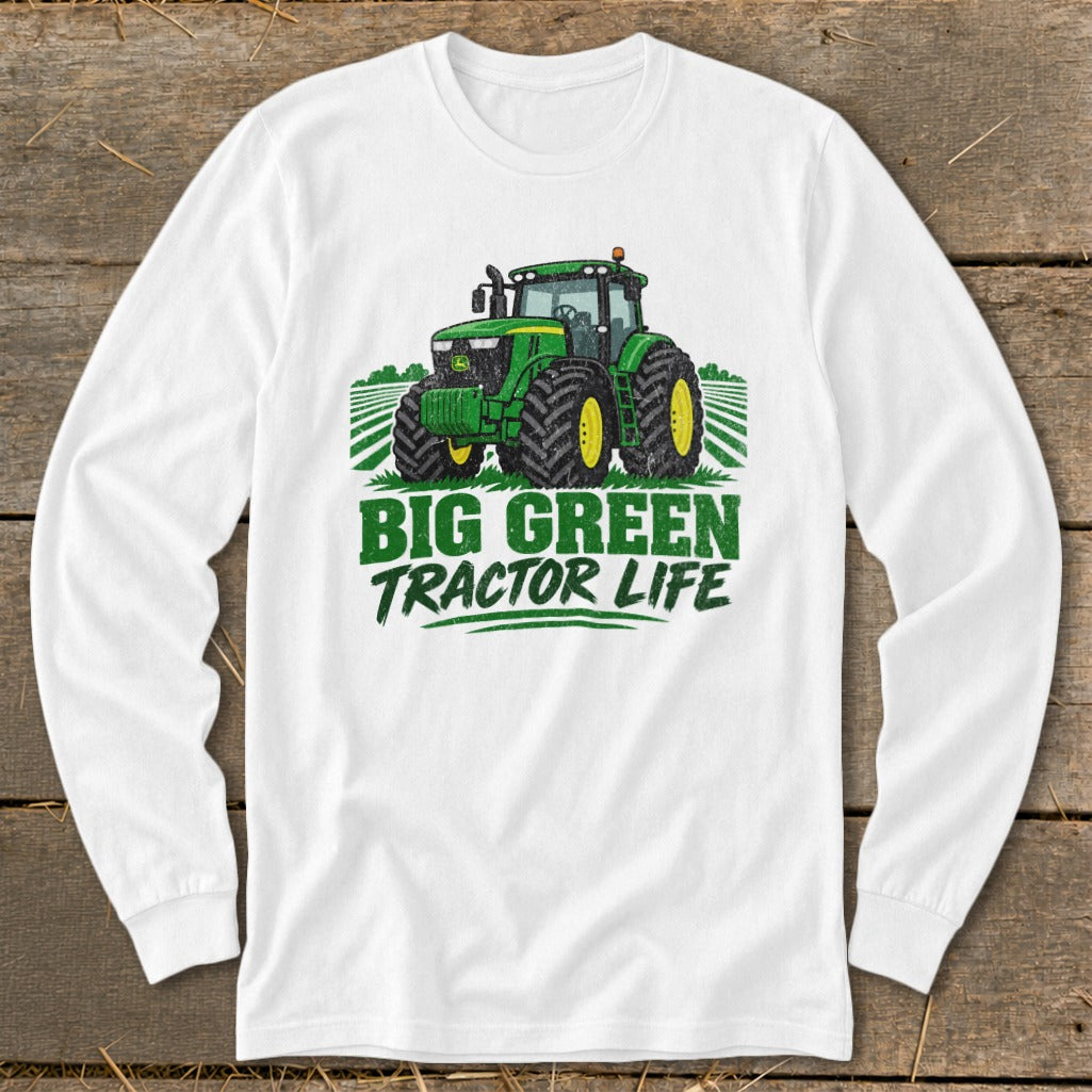 White long-sleeved shirt with a green tractor graphic and "BIG GREEN TRACTOR LIFE" text.