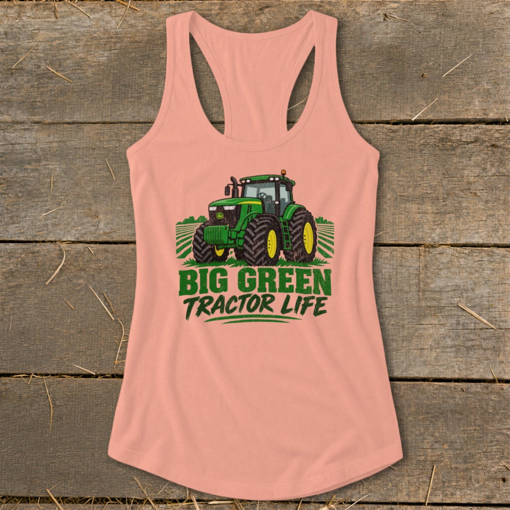 Peach tank top with "BIG GREEN TRACTOR LIFE" text and a green tractor graphic.
