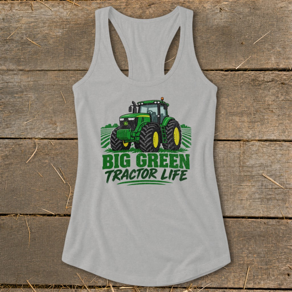 Light gray tank top with green tractor graphic and "BIG GREEN TRACTOR LIFE" text.