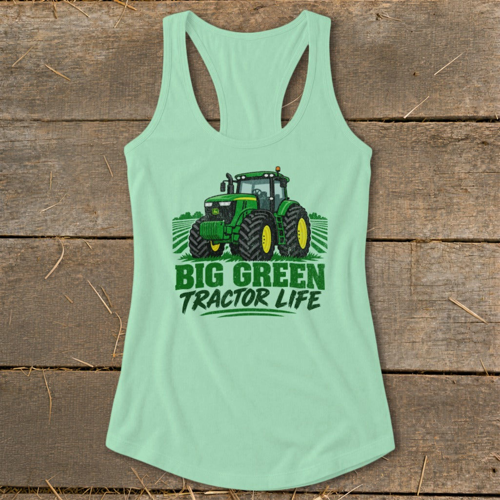 Mint green tank top with a green tractor and text reading "BIG GREEN TRACTOR LIFE".