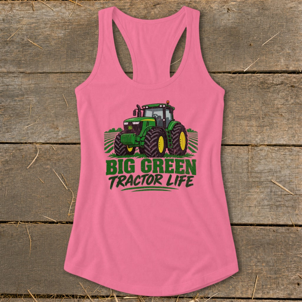 Pink tank top with a green tractor graphic and "BIG GREEN TRACTOR LIFE" text.