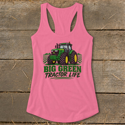 Pink tank top with a green tractor graphic and "BIG GREEN TRACTOR LIFE" text.