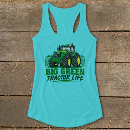 Turquoise tank top with green tractor graphic and "BIG GREEN TRACTOR LIFE" text.