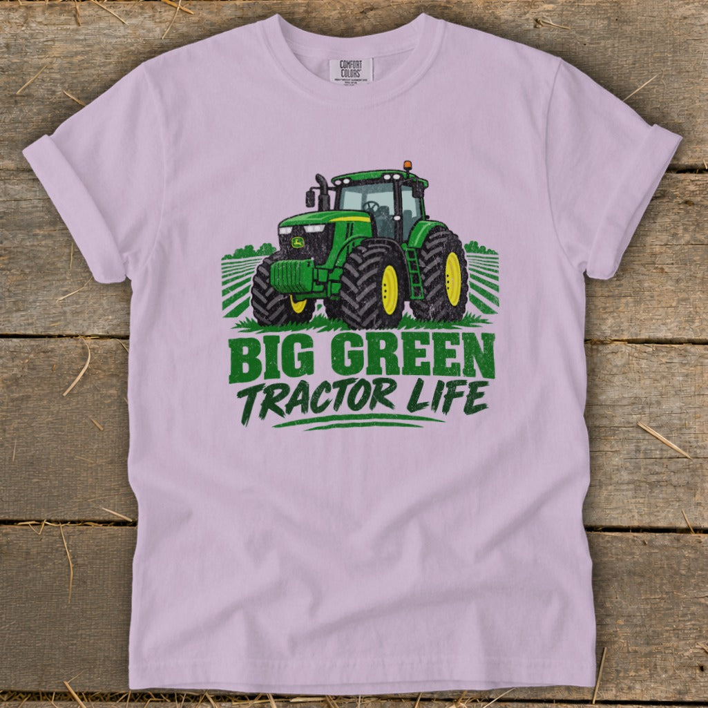 Purple t-shirt with a green tractor graphic and "Big Green Tractor Life" text.