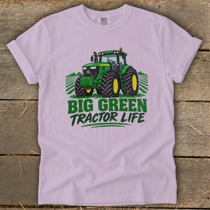 Purple t-shirt with a green tractor graphic and "Big Green Tractor Life" text.