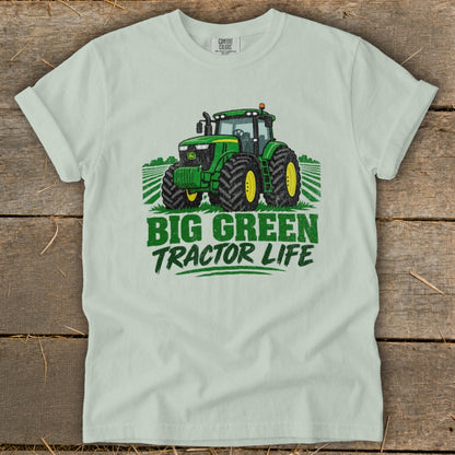 Light green t-shirt with a green tractor graphic and "BIG GREEN TRACTOR LIFE" text.