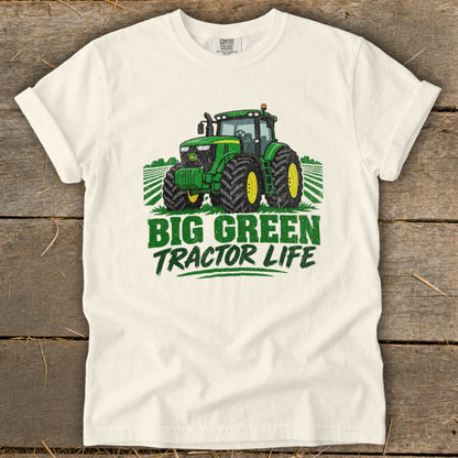 White t-shirt with green tractor graphic and text "BIG GREEN TRACTOR LIFE."