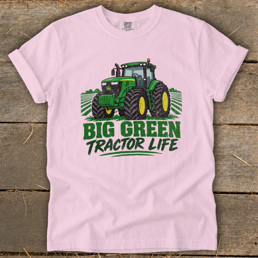 Pink t-shirt with green tractor graphic and text "BIG GREEN TRACTOR LIFE".