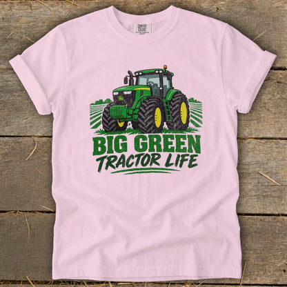 Pink t-shirt with green tractor graphic and text "BIG GREEN TRACTOR LIFE".