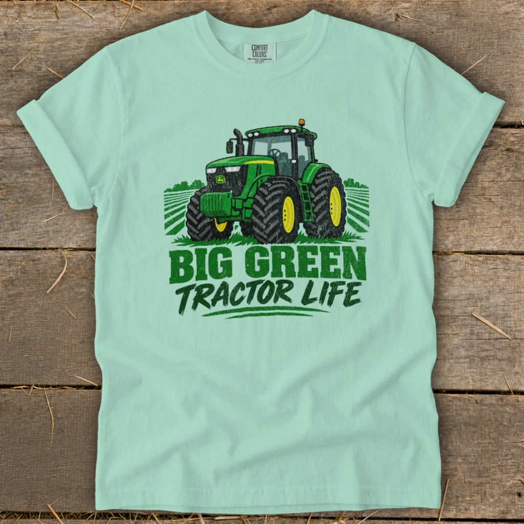 Green tractor graphic with "BIG GREEN TRACTOR LIFE" text on a light green t-shirt.