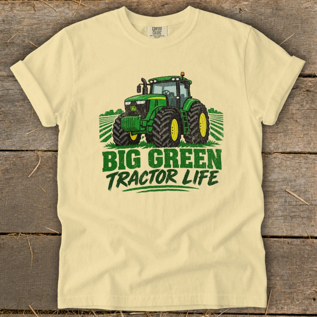 Yellow t-shirt with a green John Deere tractor and the text "BIG GREEN TRACTOR LIFE".