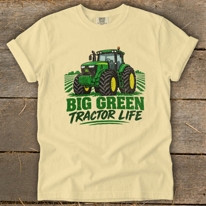 Yellow t-shirt with a green John Deere tractor and the text "BIG GREEN TRACTOR LIFE".