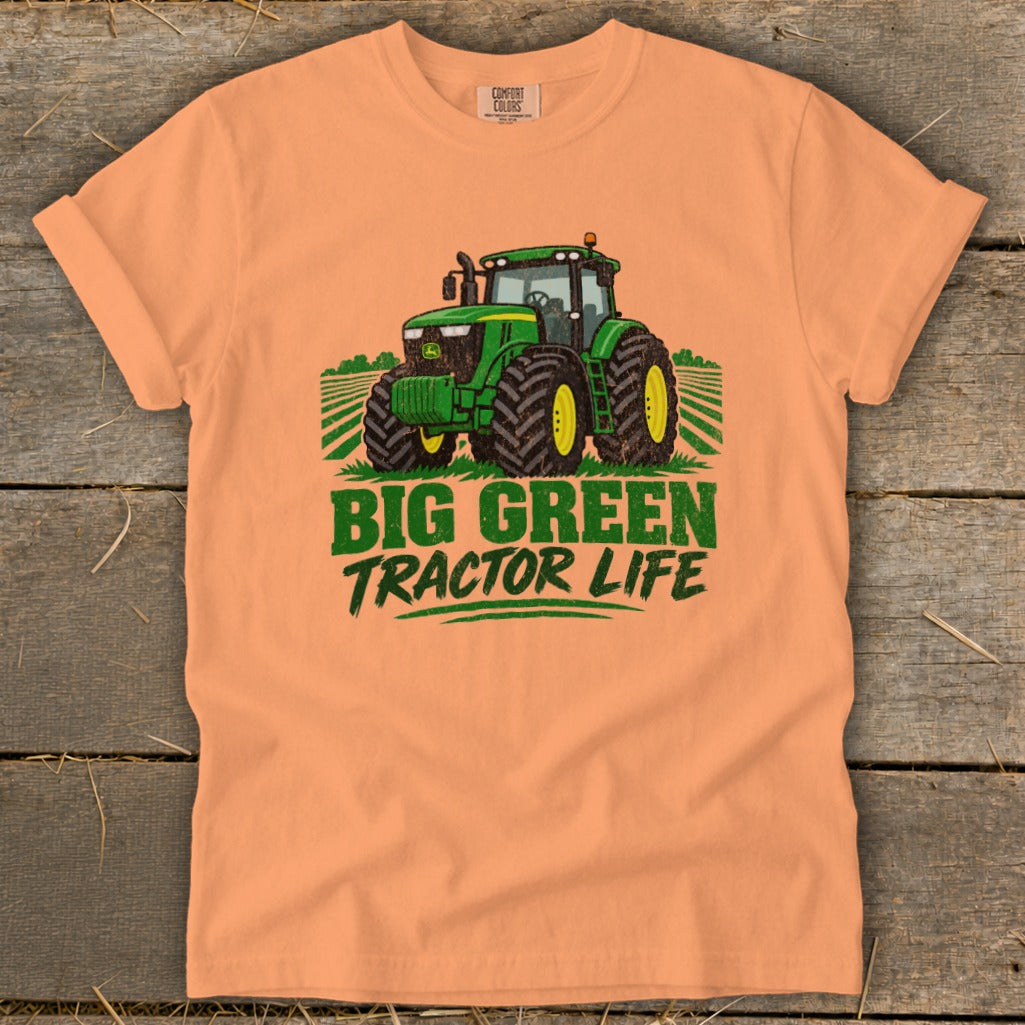 Orange t-shirt with a green John Deere tractor and "BIG GREEN TRACTOR LIFE" text.