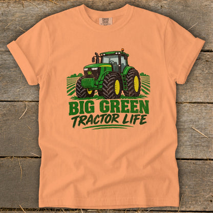 Orange t-shirt with a green John Deere tractor and "BIG GREEN TRACTOR LIFE" text.