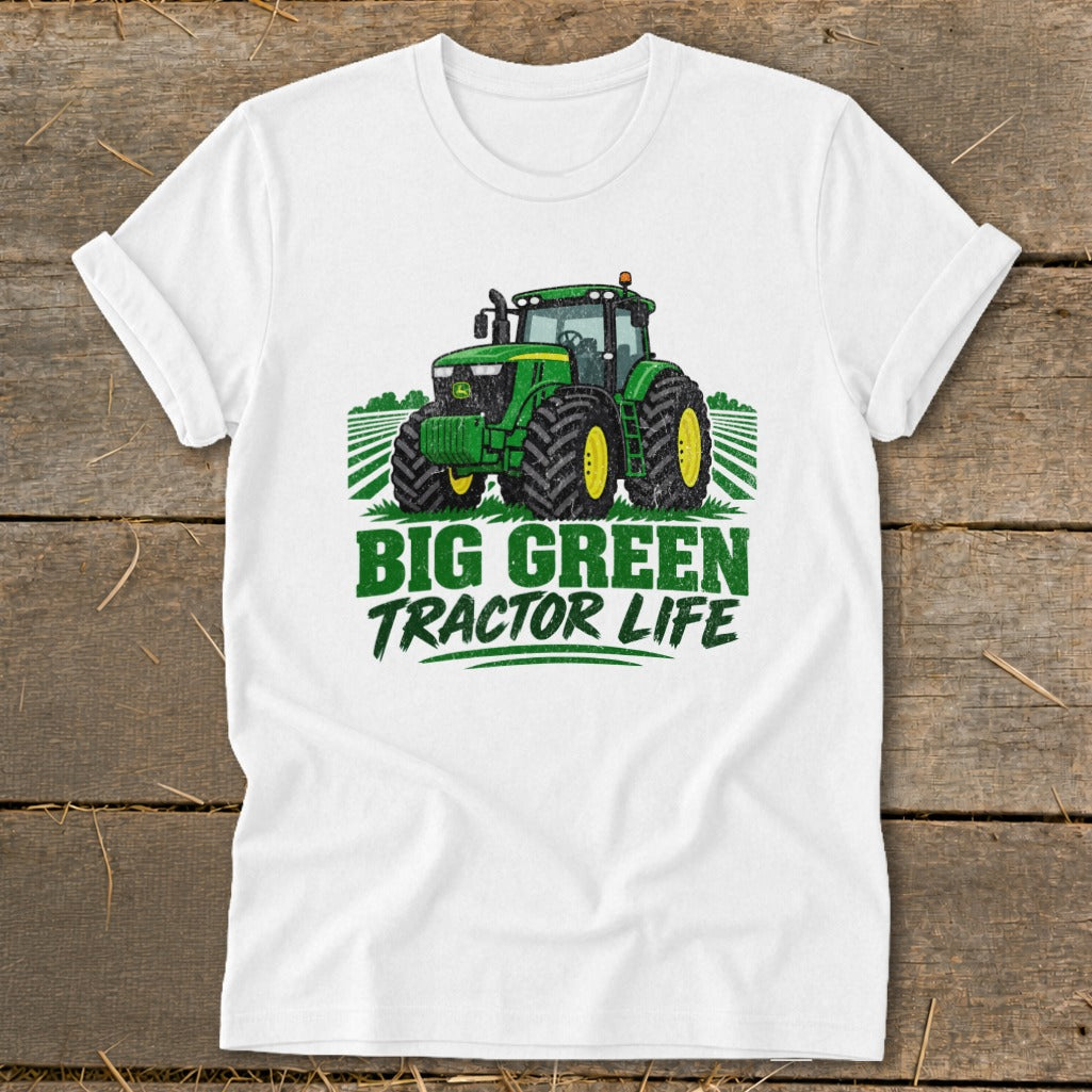 White t-shirt with green tractor graphic and text "BIG GREEN TRACTOR LIFE".