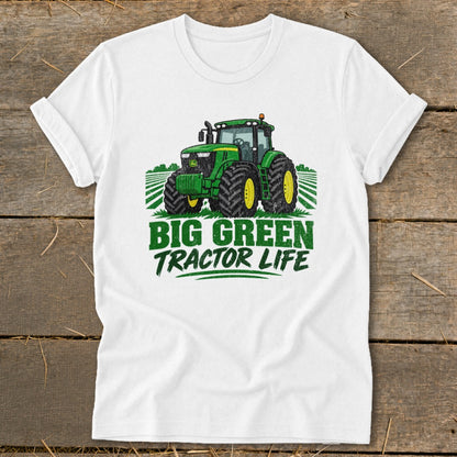 White t-shirt with green tractor graphic and text "BIG GREEN TRACTOR LIFE".