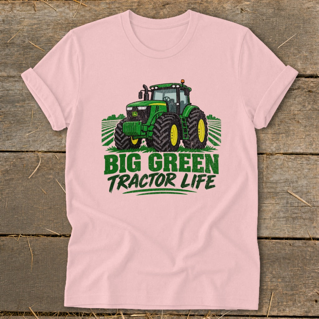 Pink t-shirt with a green tractor graphic and "BIG GREEN TRACTOR LIFE" text.