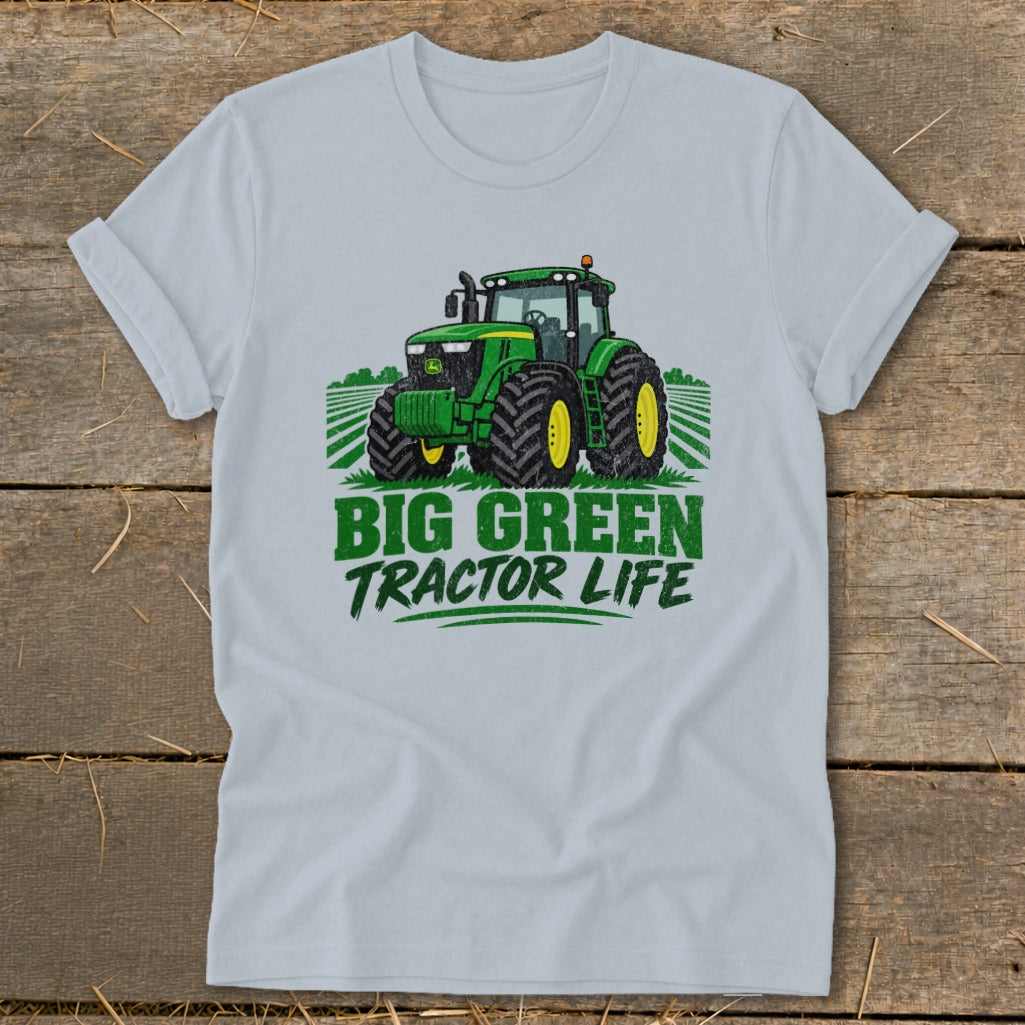 T-shirt with a green tractor graphic and text "BIG GREEN TRACTOR LIFE."