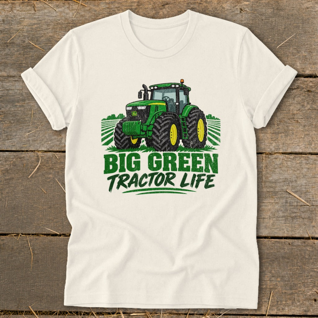 Cream t-shirt with green tractor graphic and "BIG GREEN TRACTOR LIFE" text.