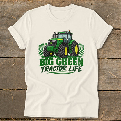 Cream t-shirt with green tractor graphic and "BIG GREEN TRACTOR LIFE" text.