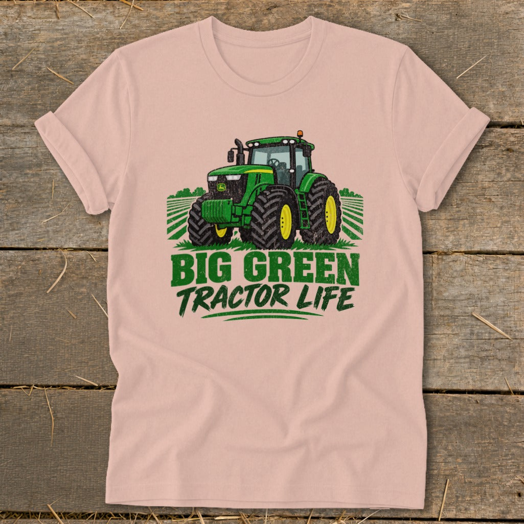 Pink t-shirt with a green tractor and "BIG GREEN TRACTOR LIFE" text.