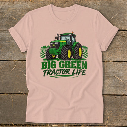 Pink t-shirt with a green tractor and "BIG GREEN TRACTOR LIFE" text.