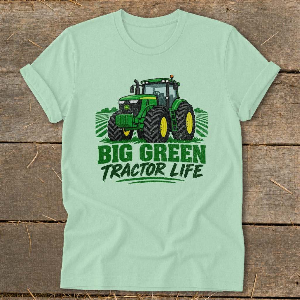 Green tractor on a field with text "BIG GREEN TRACTOR LIFE".
