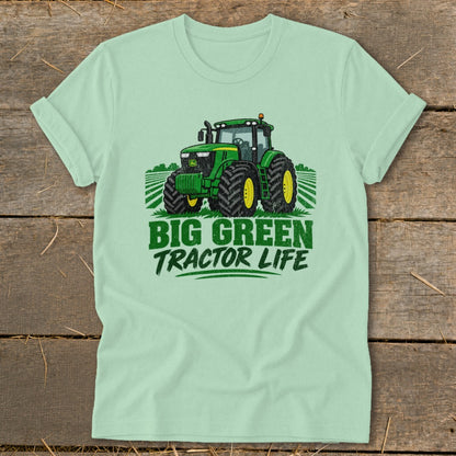 Green tractor on a field with text "BIG GREEN TRACTOR LIFE".