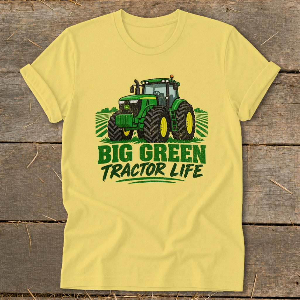 Yellow t-shirt with a green tractor graphic and "BIG GREEN TRACTOR LIFE" text.